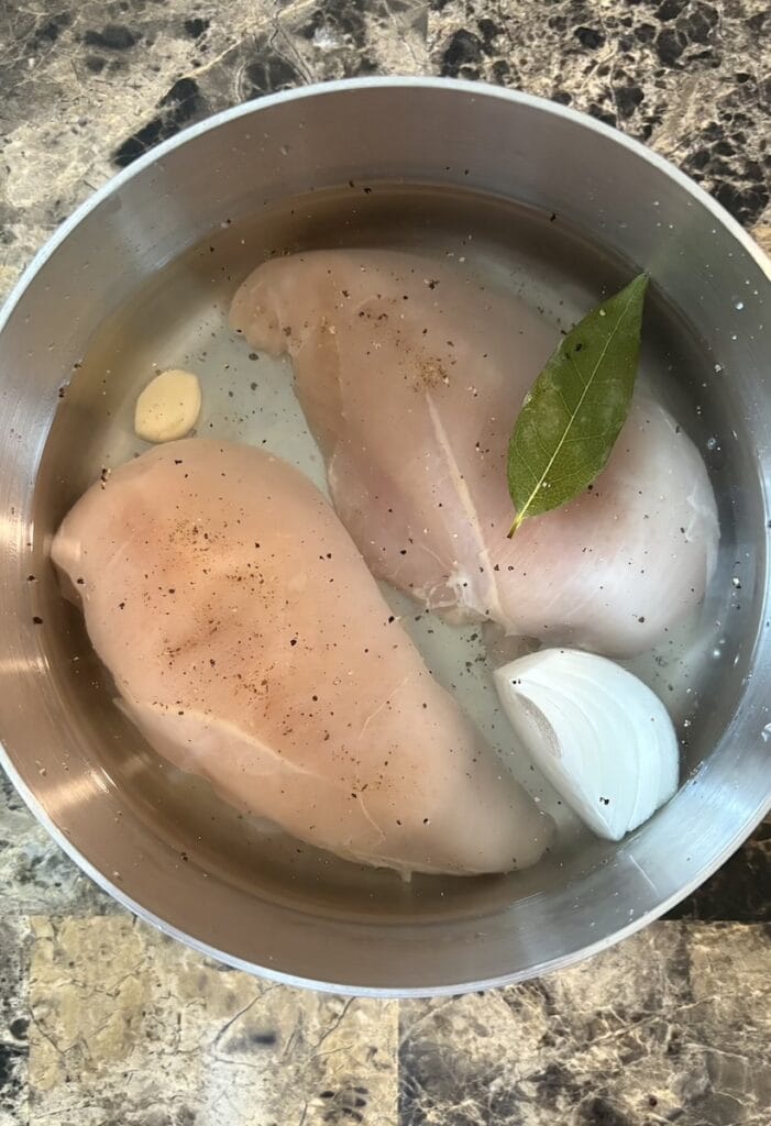 Top view of chicken breast, onion, garlic, and bay leaf in a pot filled with water.