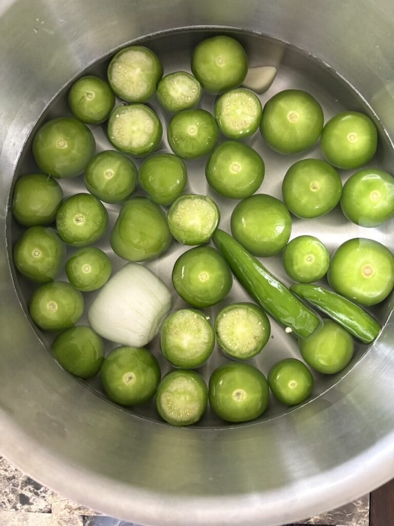 Top view of tomatillos, onion, garlic, and serrano peppers.