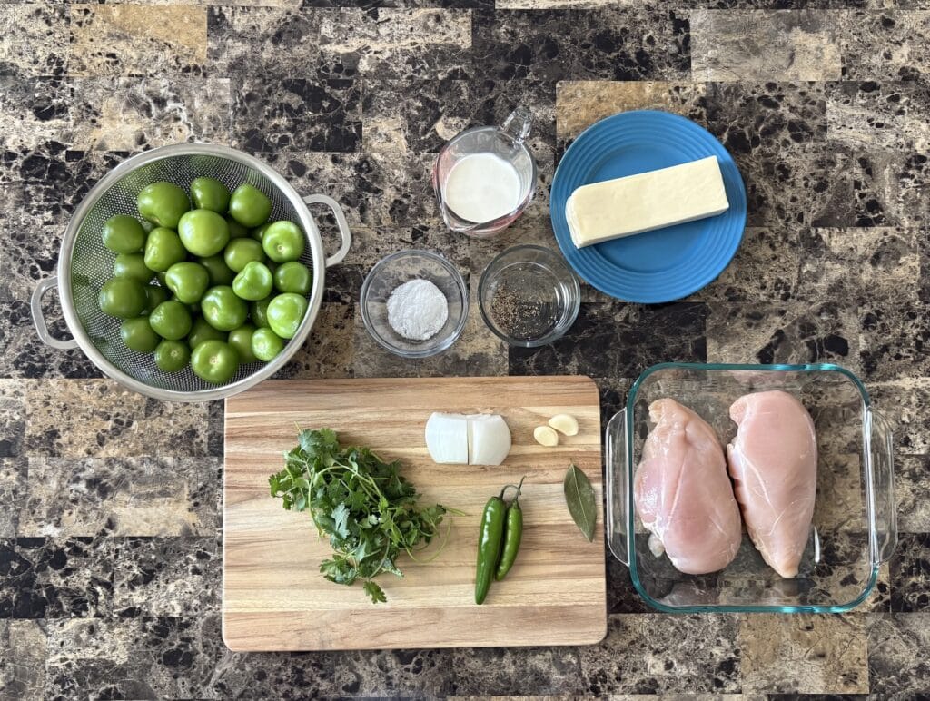 Top view enchiladas suizas ingredients on a table.