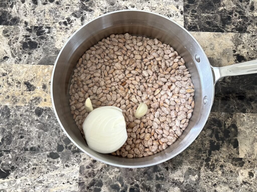 Top view of ingredients for frijoles de olla or Mexican simmered beans in a pot with water.
