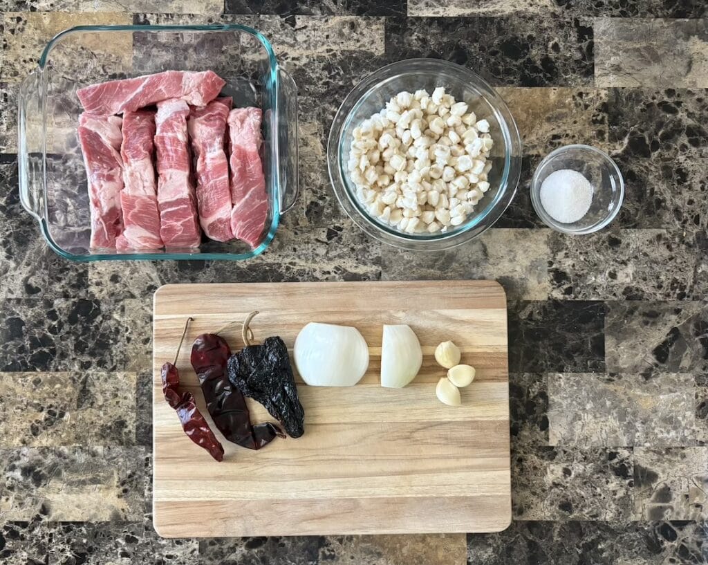 Top view of pozole rojo ingredients.