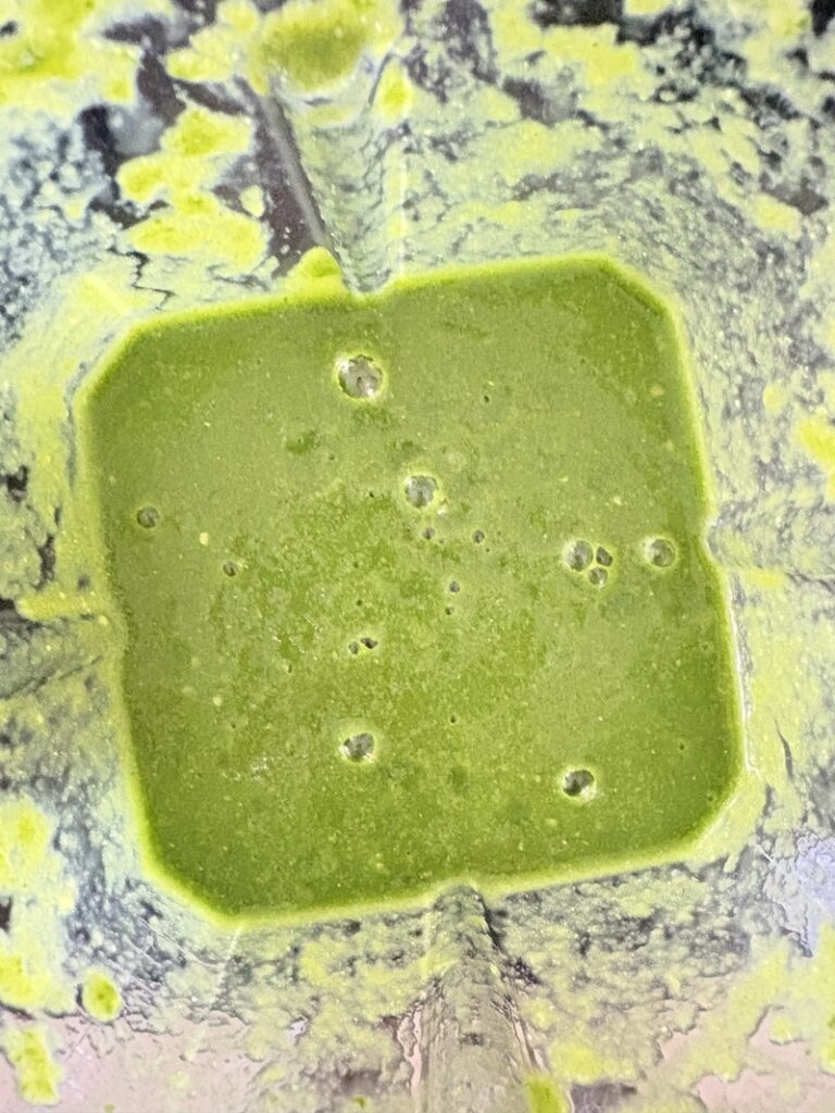 Top view of pozole verde salsa after blending.